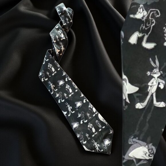 LOONEY TUNES Men's Tie in Black White and Gray Looney Tunes Characters - Picture 1 of 7